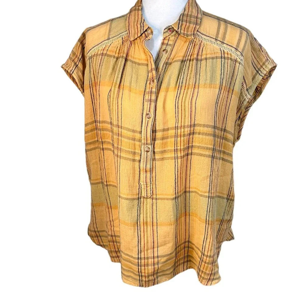 Pilcro Yellow Plaid Short-Sleeve Button Pullover Blouse